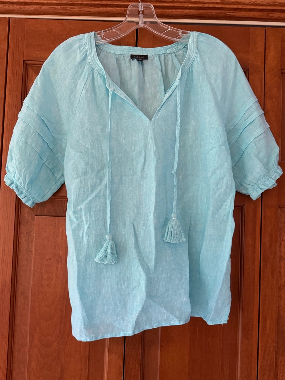 Talbots Light Aqua Linen Tassel Split-Neck Tunic